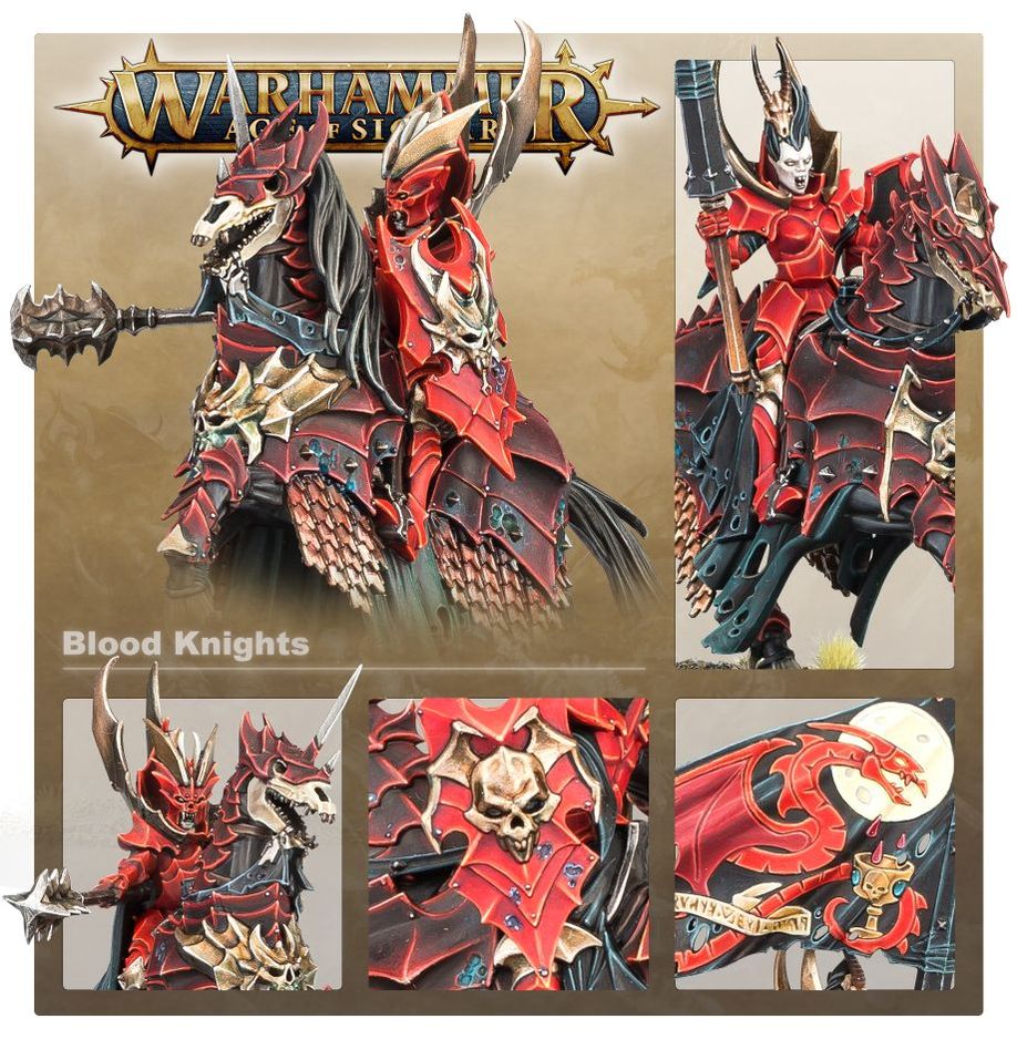 Blood Knights charging across a battlefield terrain