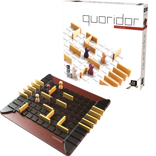 The Quoridor game board with wooden pawns and placed fence segments.