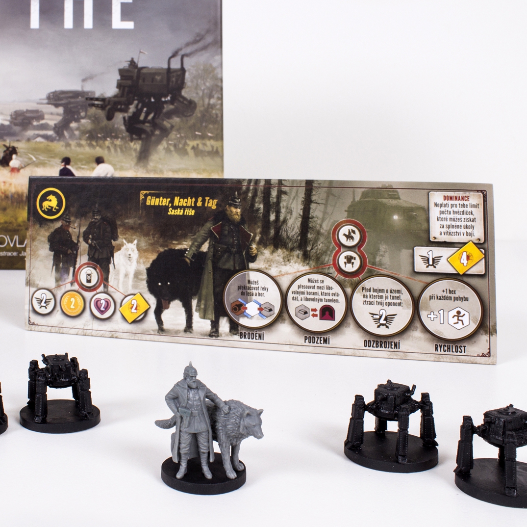 Detailní miniatury mechů ze hry Scythe.