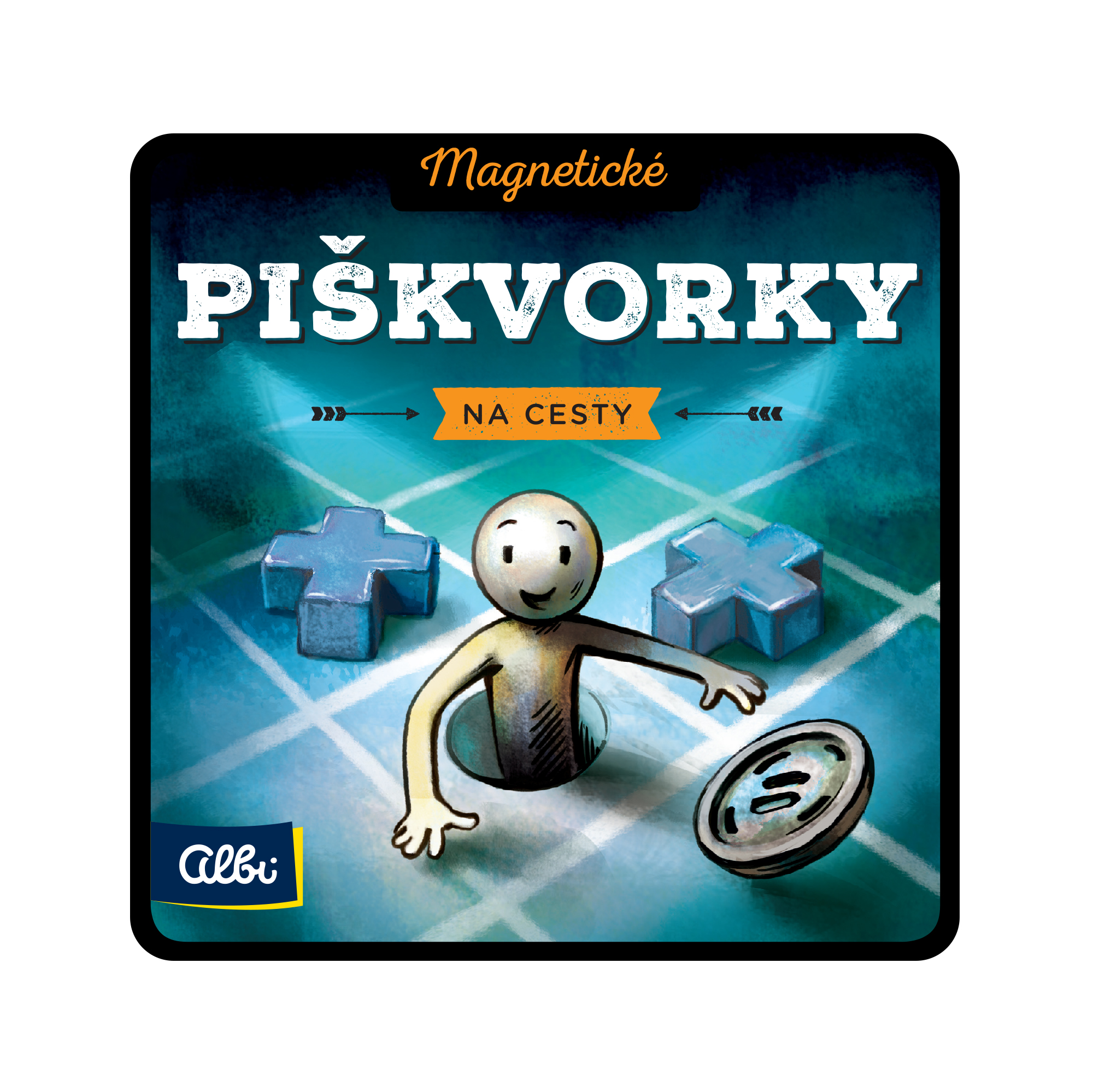 Hráči hrající magnetické piškvorky na cestovním stole