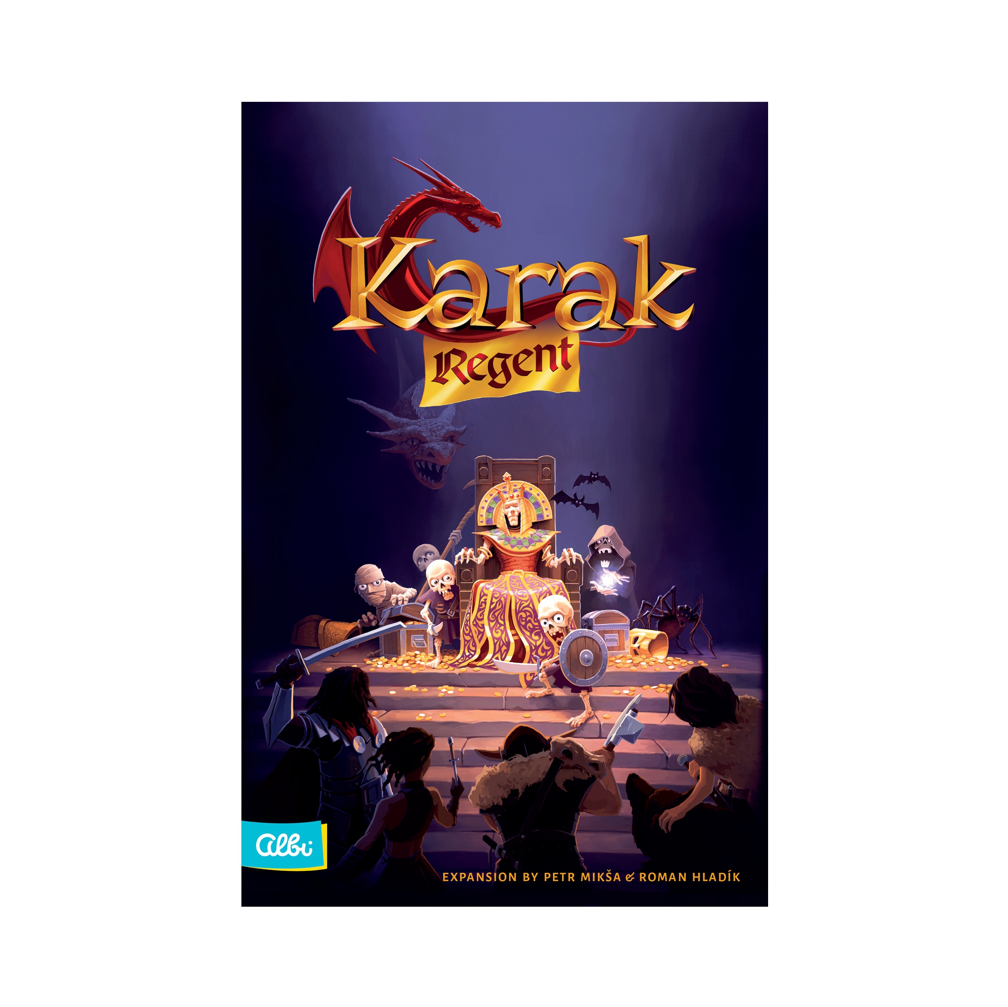 Visual of the 4 new heroes and new labyrinth tiles from the Karak: Regent expansion.