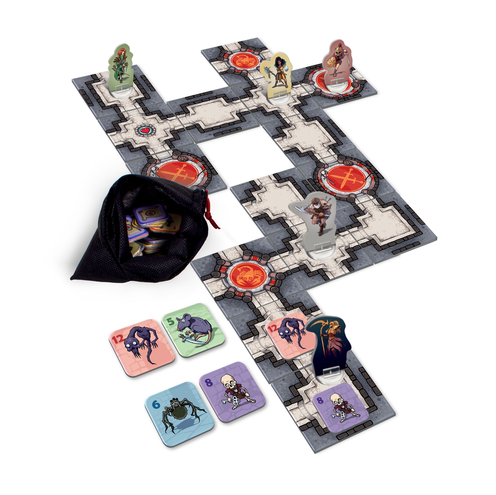 New monster tokens and hero cards spread out on a Karak game board.
