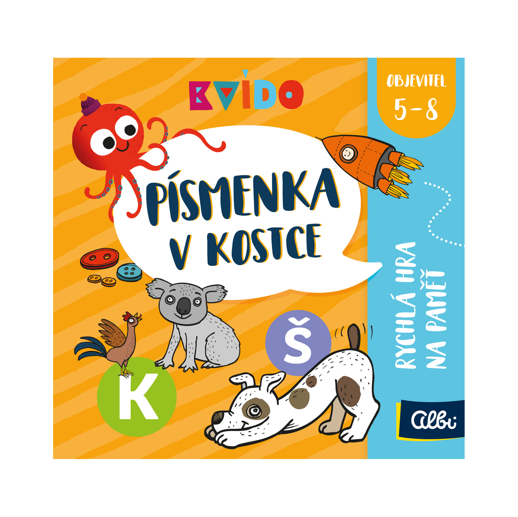 Farebné kocky s písmenkami a veselý dizajn Kvído