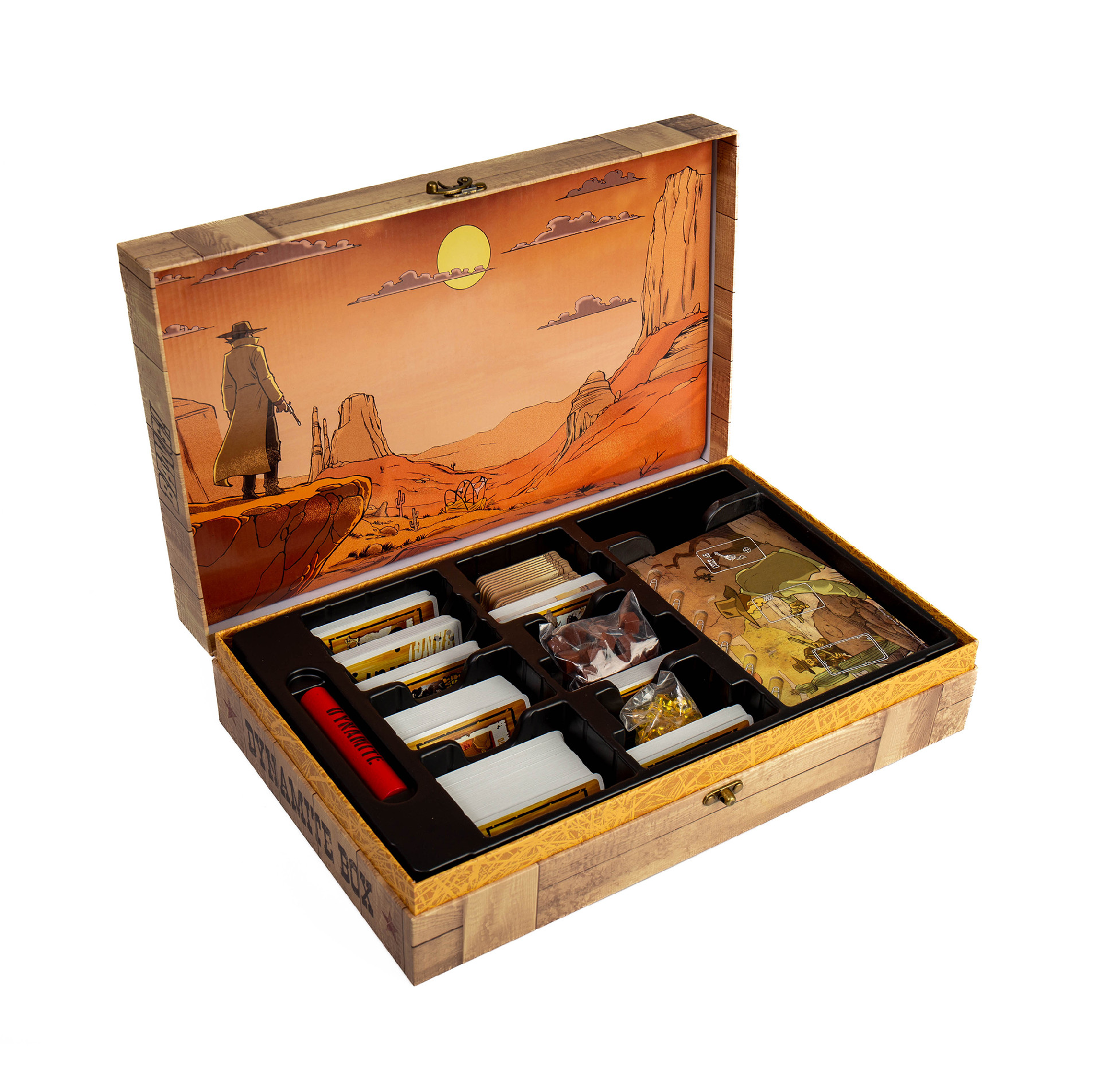 Overview of the Bang! Dynamite Box contents including cards, wooden tokens, and player boards.