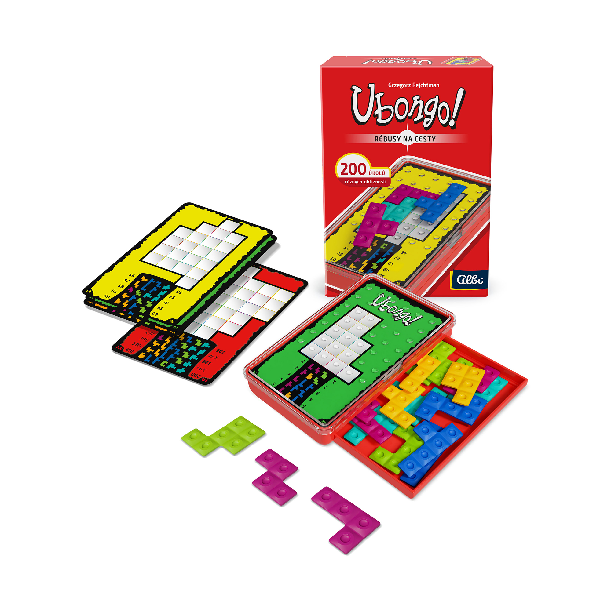 A family focused on solving their Ubongo puzzles during a trip.