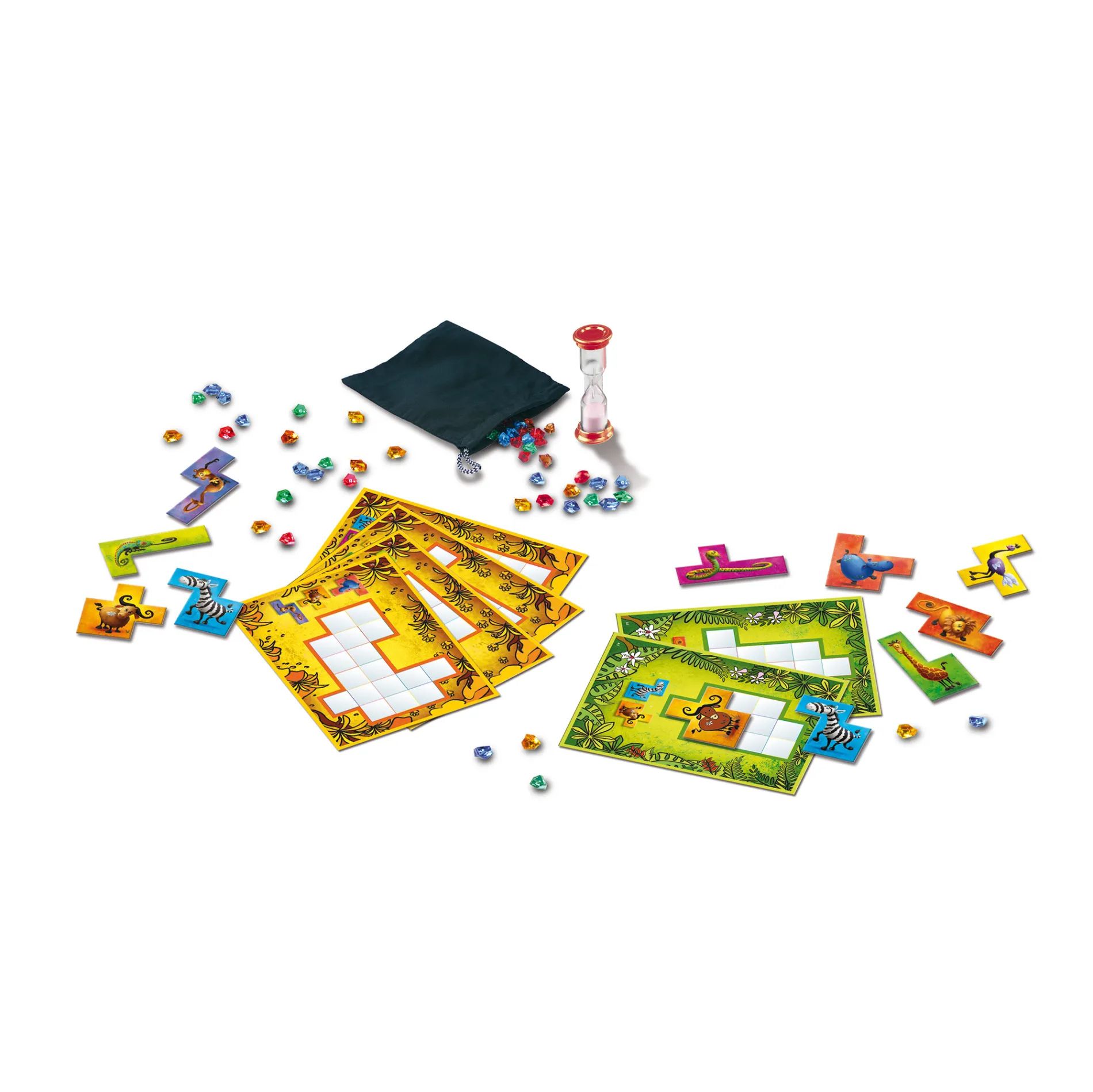 Colorful children's puzzle tiles with cute animal motifs placed on grid task cards in Ubongo Junior.