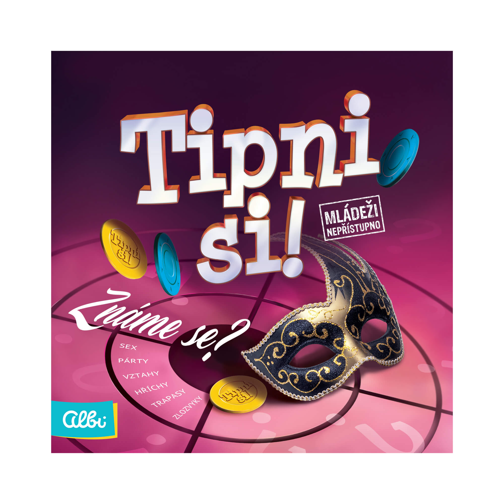 Friends laughing around a table playing Tipni si! Známe se? 18+.