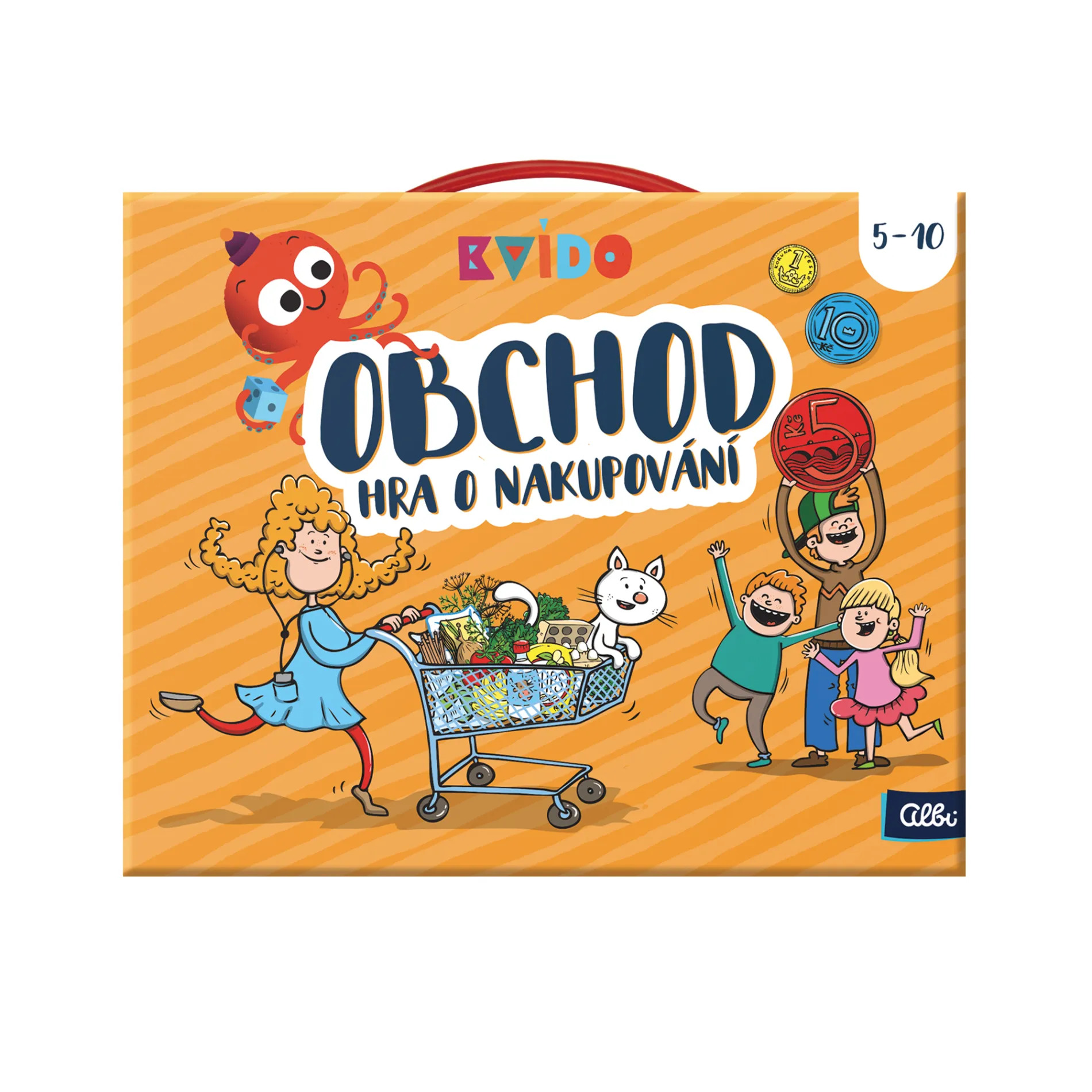 Rozložený herný plán hry Kvído Obchod s nákupnými zoznamami, vozíkmi a maketami mincí.
