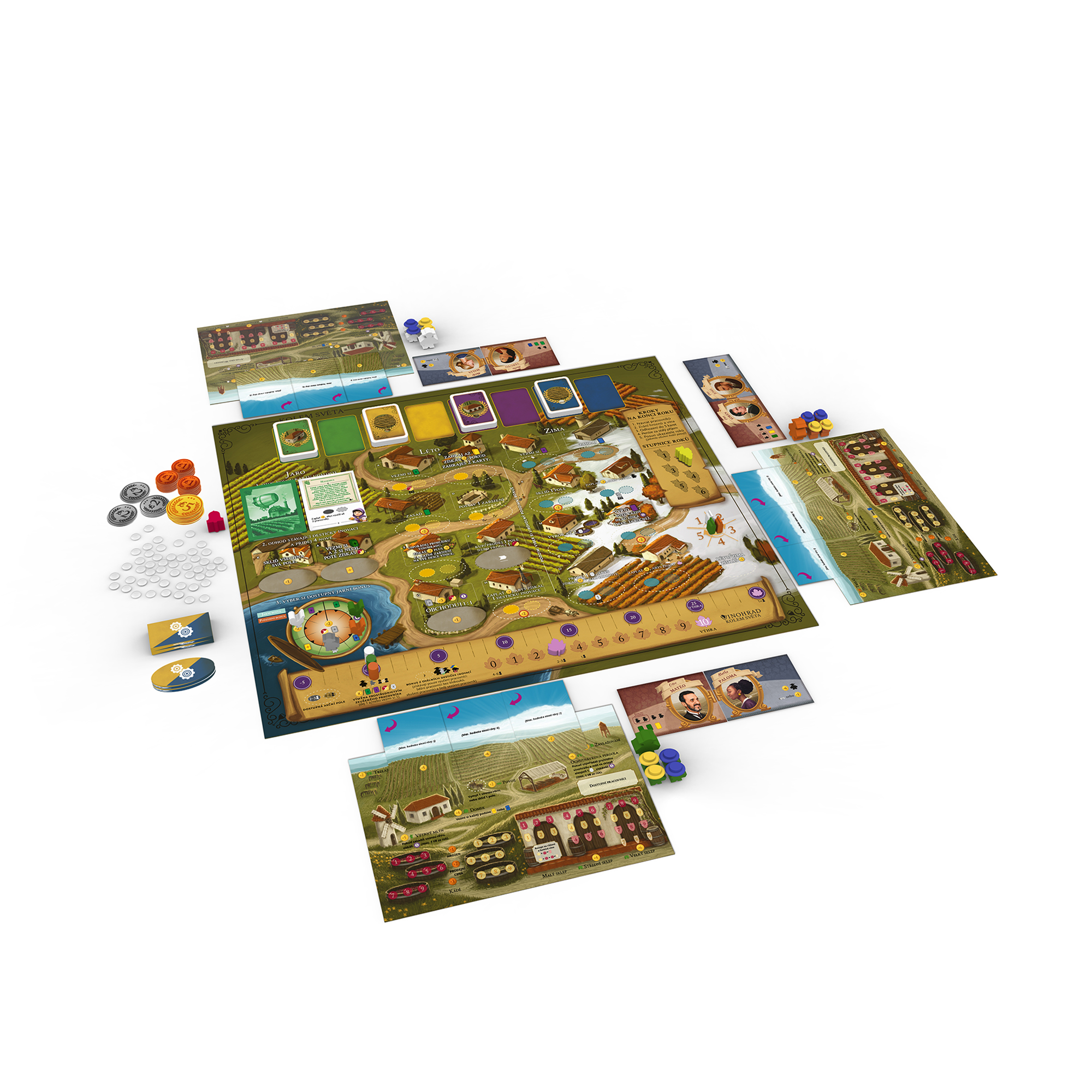 A group of players discussing their next strategic moves over the Viticulture World components.