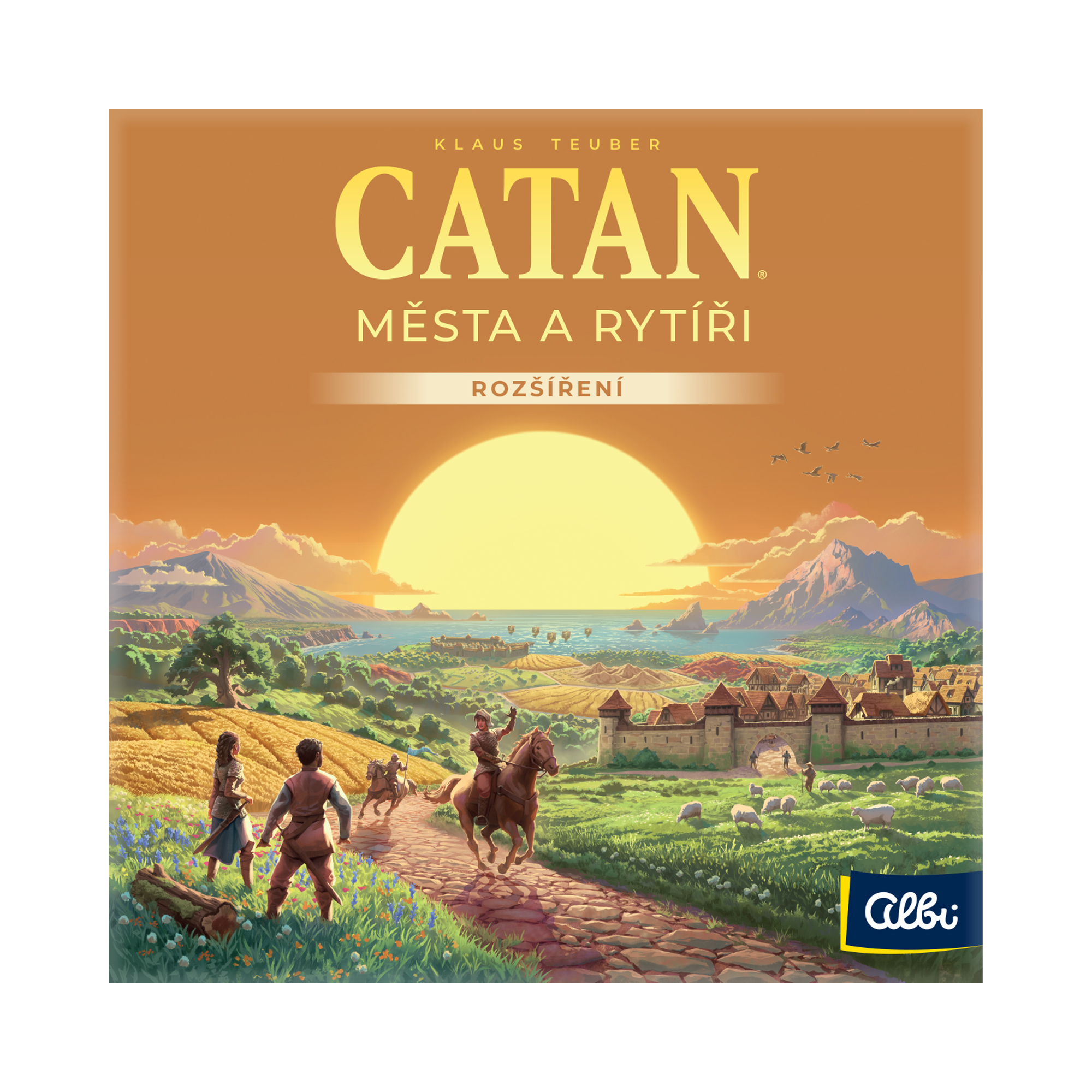 Detailed components of Catan Cities and Knights including city walls, knights, and city improvement charts.