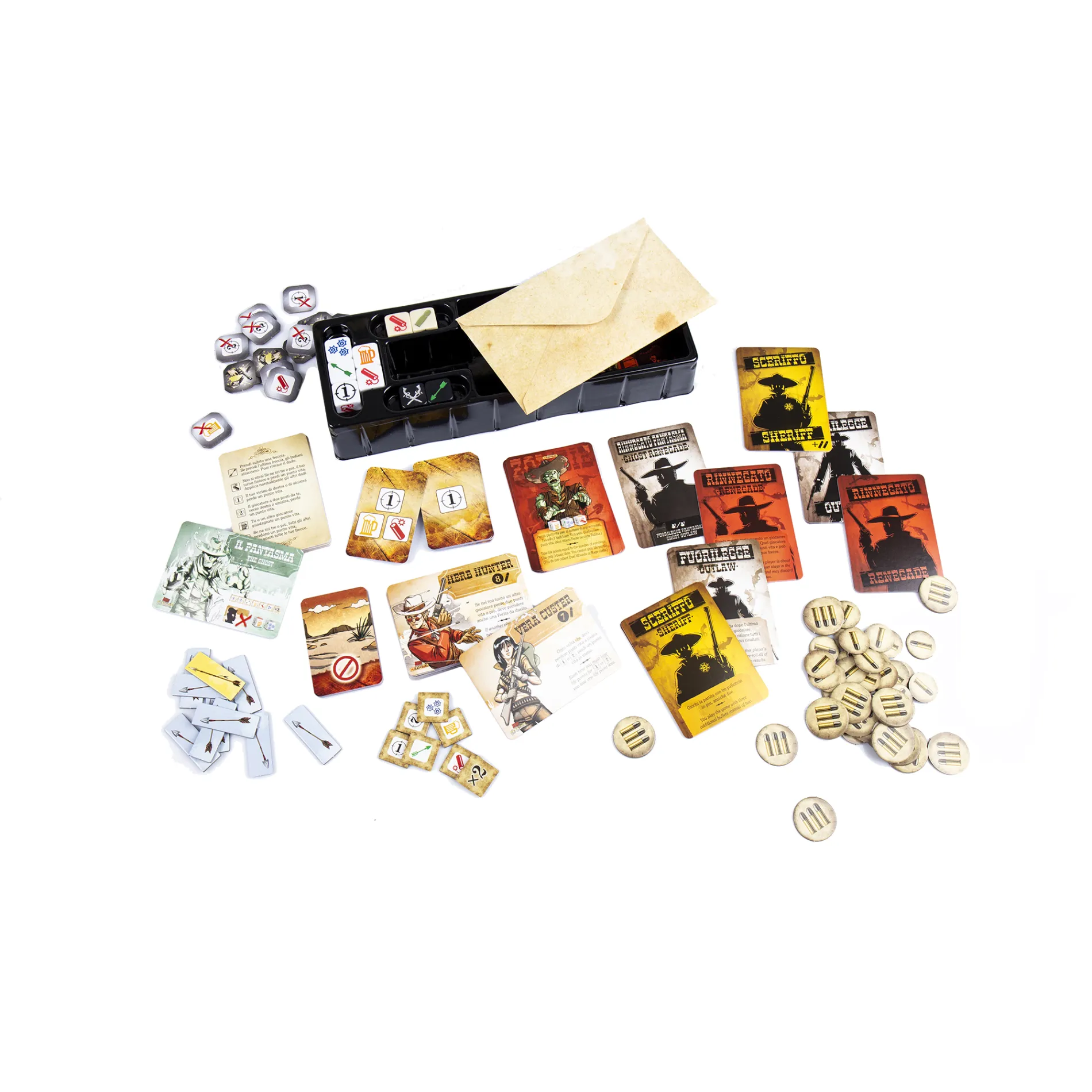 Dice and character cards from Bang! The Dice Explosion