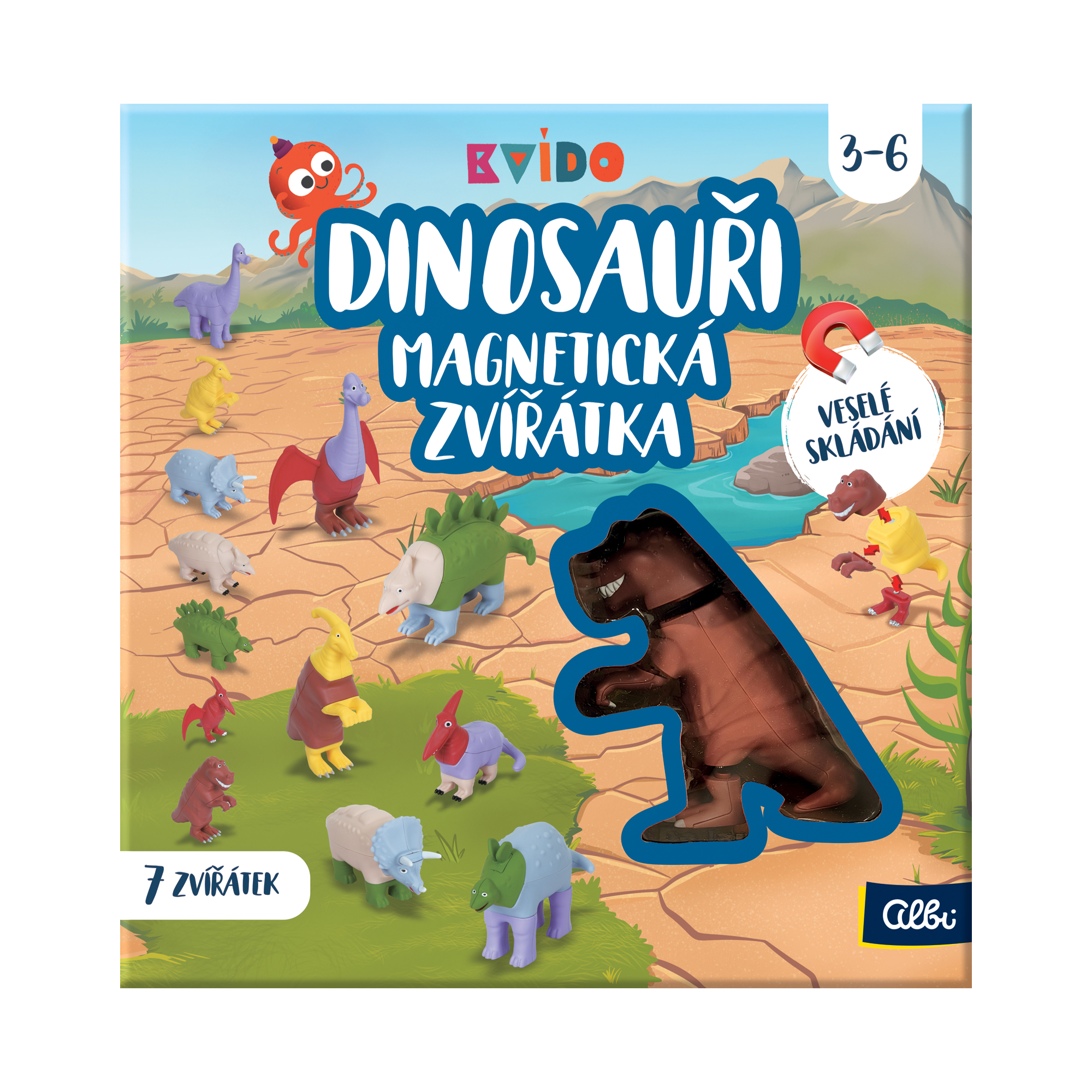 Detské ruky skladajúce magnetické dieliky dinosaurov.
