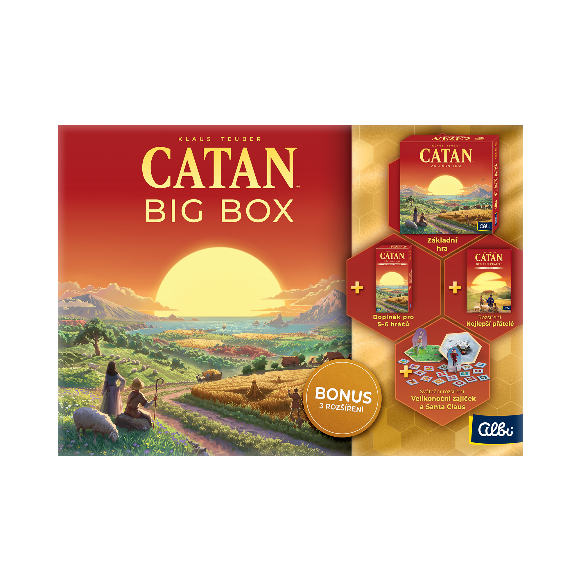 The complete contents of the Catan Big Box showing the modular board and game pieces.