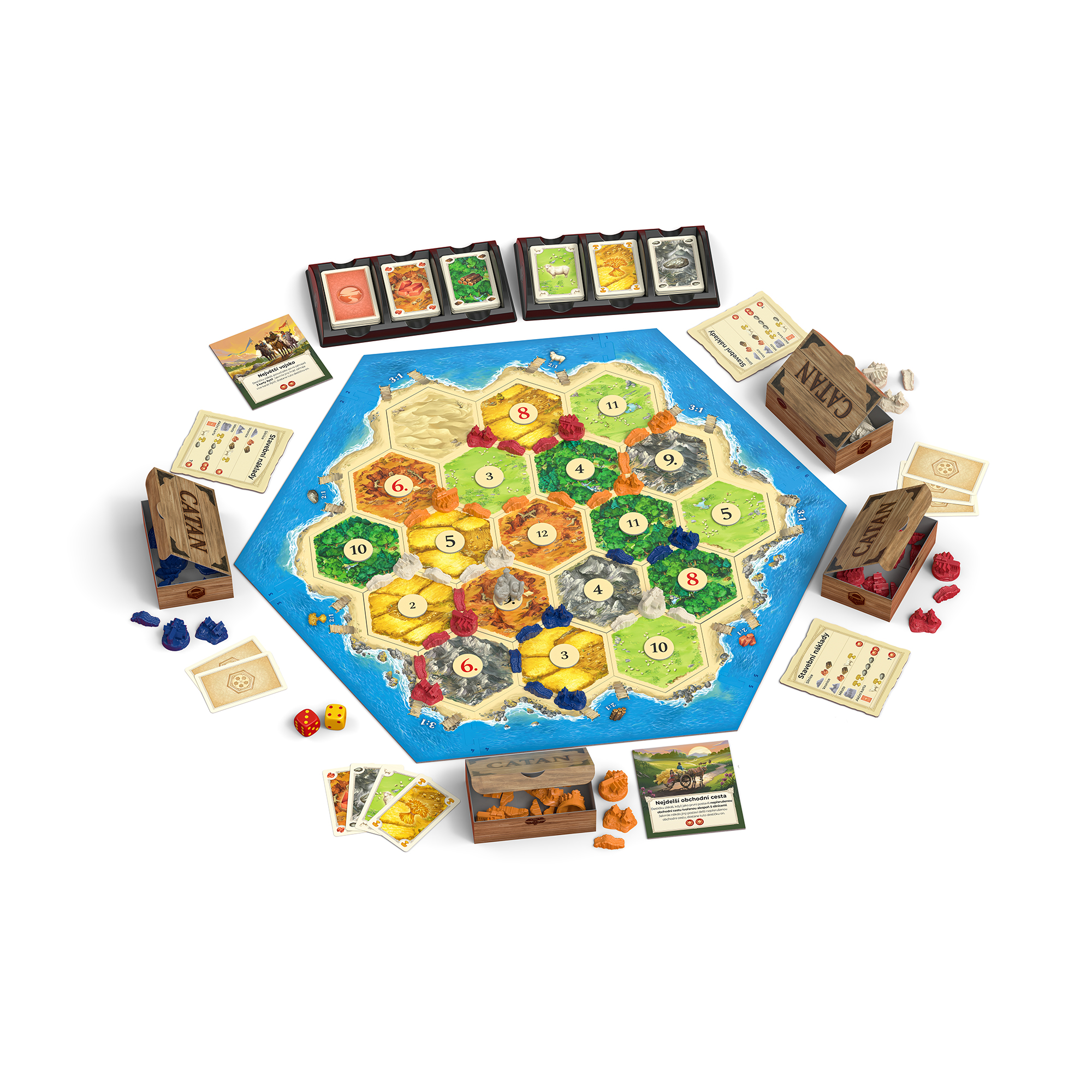 Close-up of the redesigned 2025 Catan settlements and resource cards.