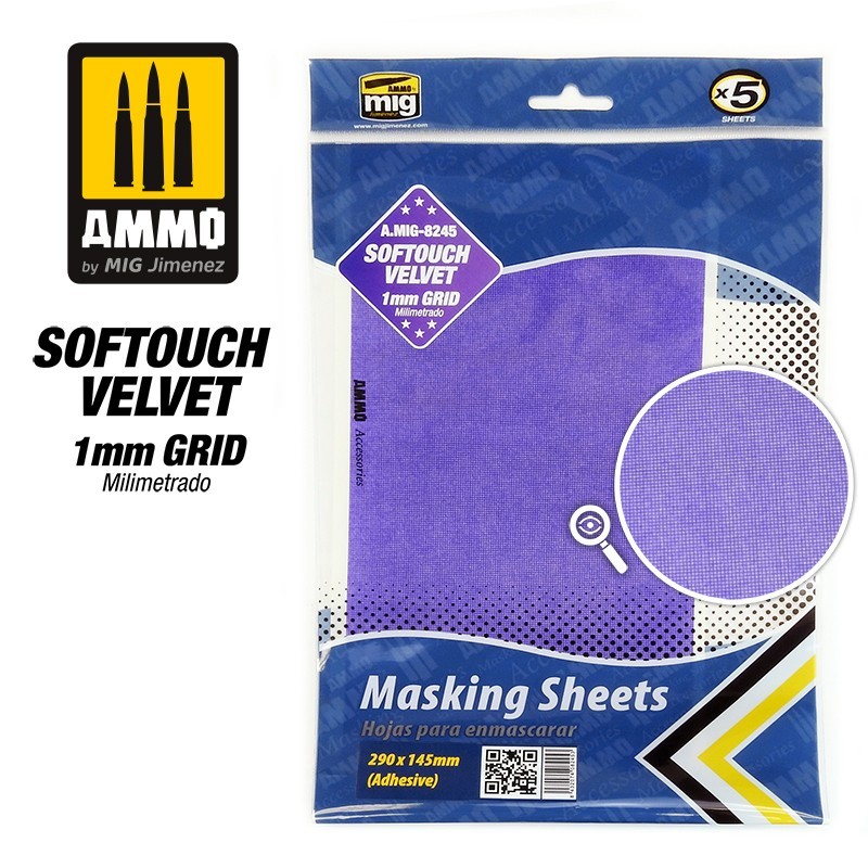 AMMO Velvet Softouch Masking Sheets 1mm Grid (x5 sheets, 290mm x 145mm, adhesive)