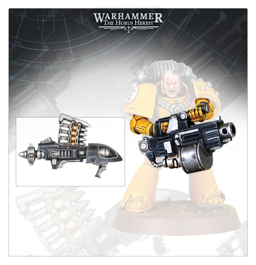 Close‑up of a heavy bolter and missile launcher on Legiones Astartes infantry