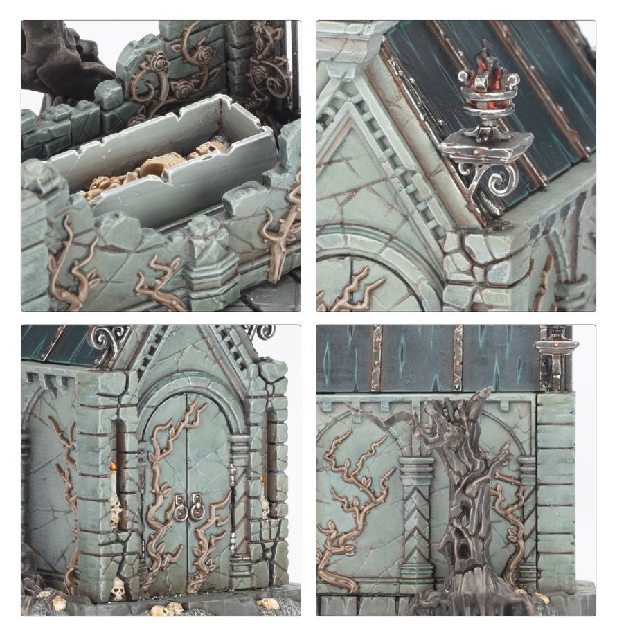 Detail gotických prvků a kamenných částí Cursed Sepulchre