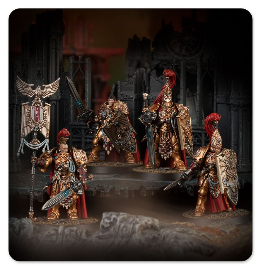 Legio Custodes Sentinel Guard with shields and warblades in defensive formation