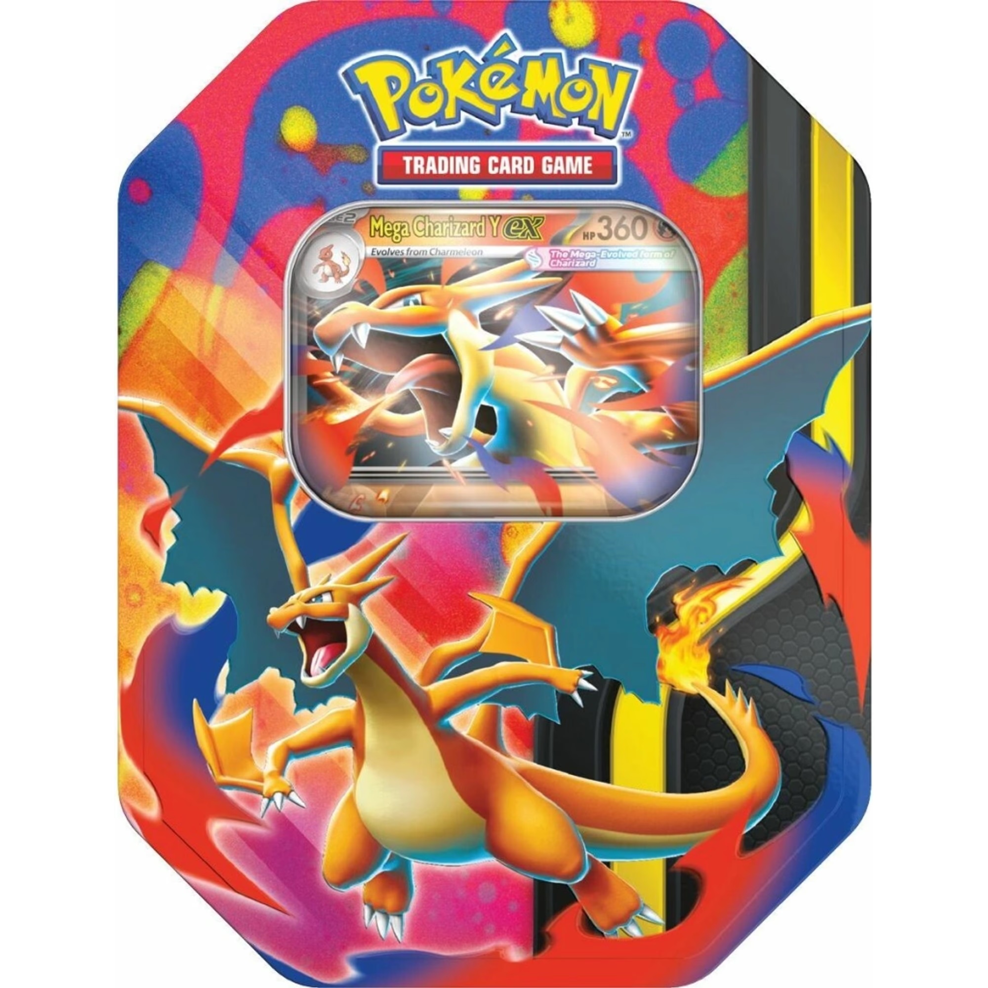 Front view of the Pokémon TCG Mega Charizard Tin showing detailed artwork