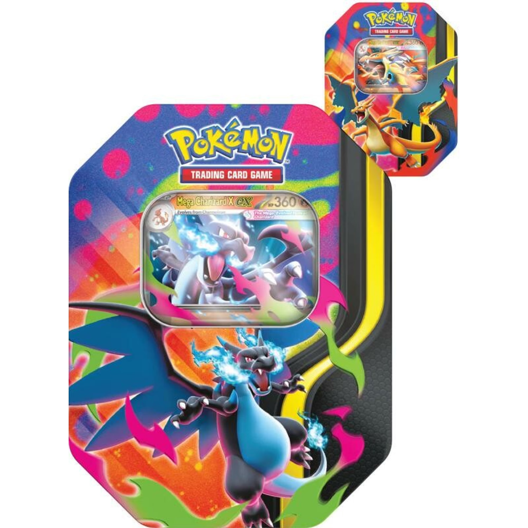 Opened Pokémon tin showing neatly arranged card stacks inside