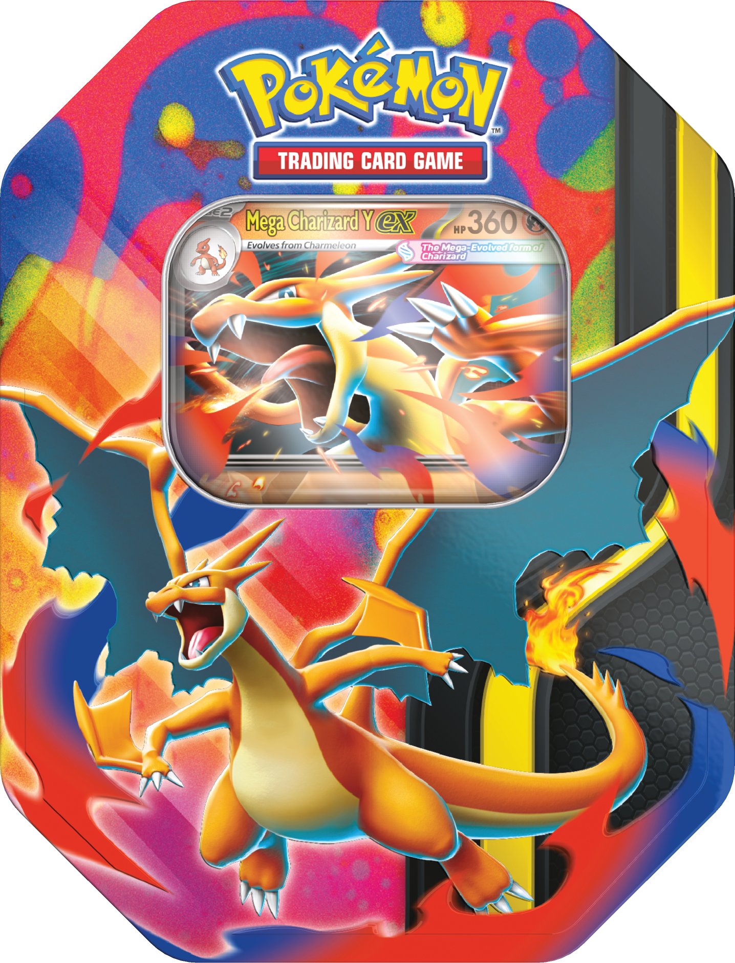 Pokémon TCG Mega Charizard Tin přední strana plechovky