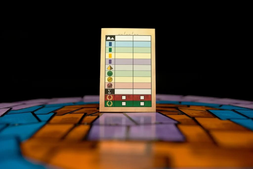 Close-up of game cards and wonder boards.