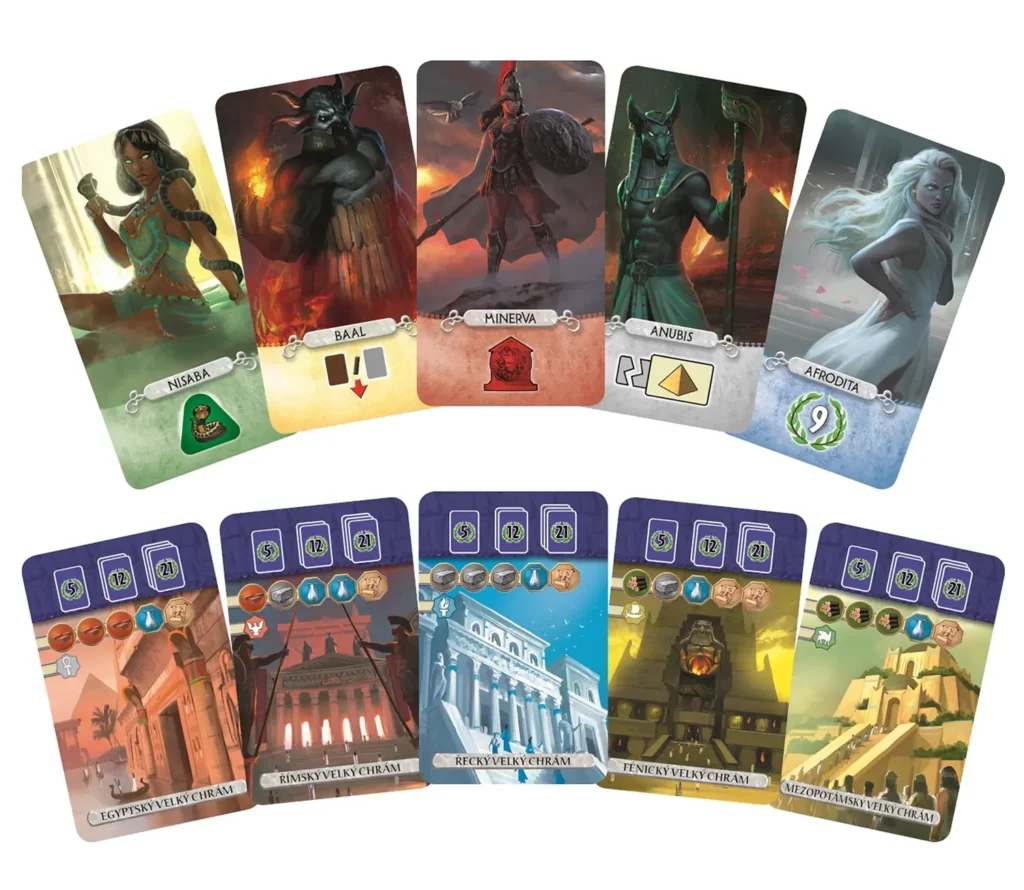 A close-up of deity cards from the Pantheon expansion.