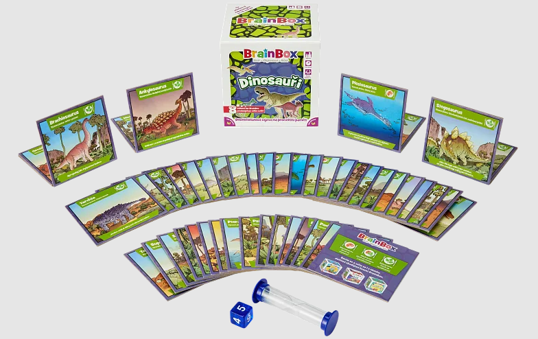Children looking at a dinosaur card from the BrainBox game.