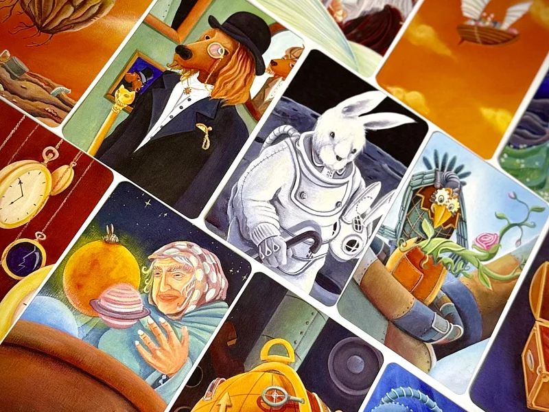 Group of friends smiling at the table while playing Dixit