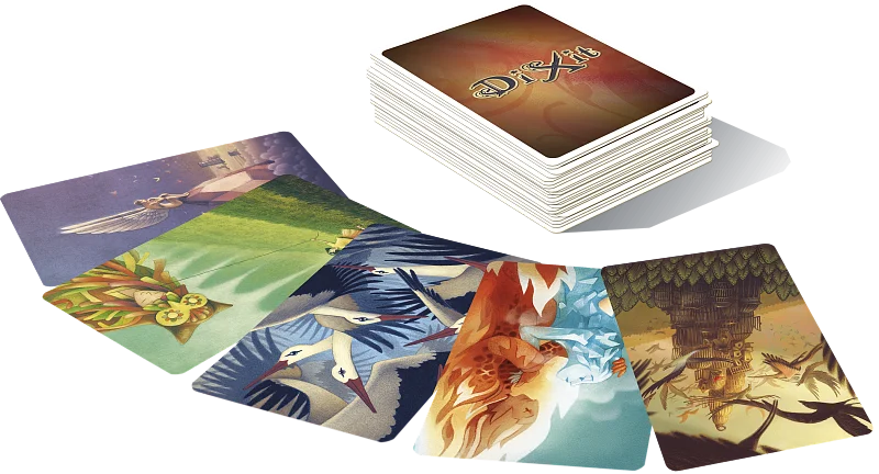 Players at the table discovering new cards from the Dixit Harmonies expansion