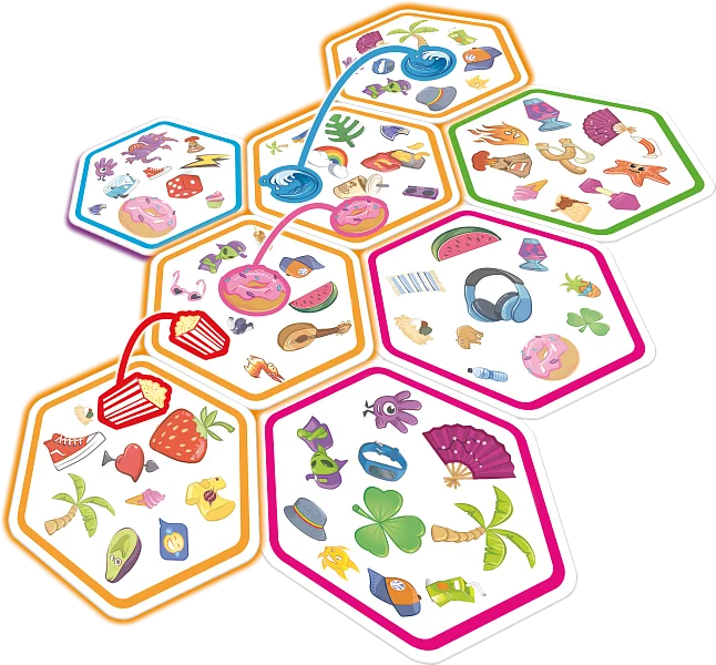 Spread out Dobble Connect cards forming a line