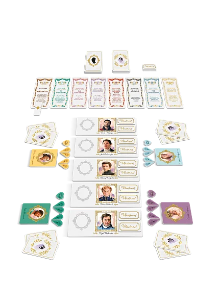 Detail of game components and period-themed cards