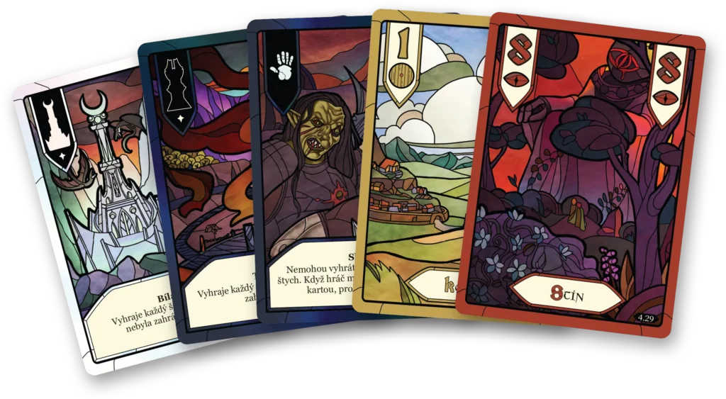 Detailed view of cards featuring illustrations of characters from The Two Towers.