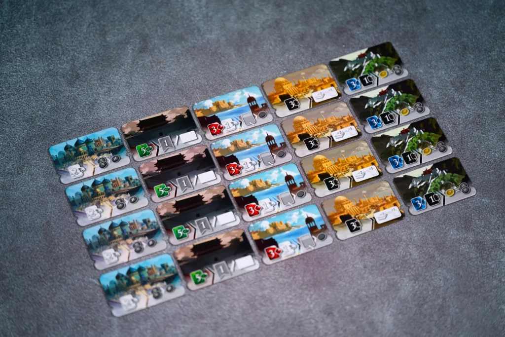 Development cards and gemstone tokens laid out for play.