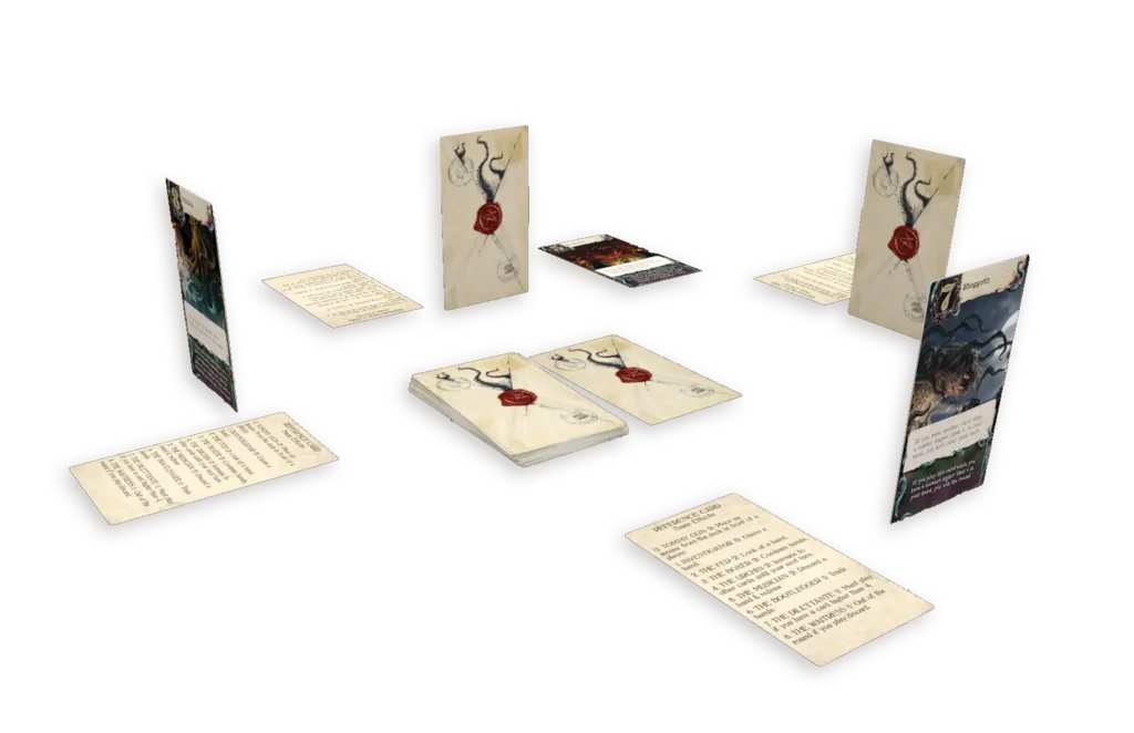 A player holding a card with a dark illustration from the Arkham Horror setting.