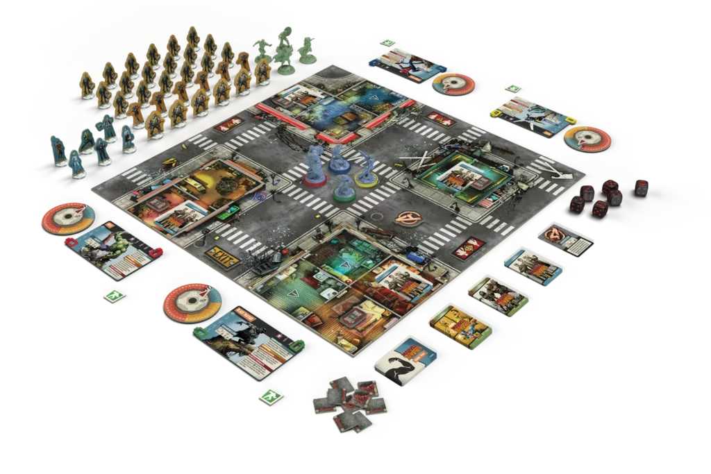 Superhero figures facing a horde of zombies on the game board.