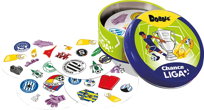 A group of people playing Dobble Chance Liga around a table