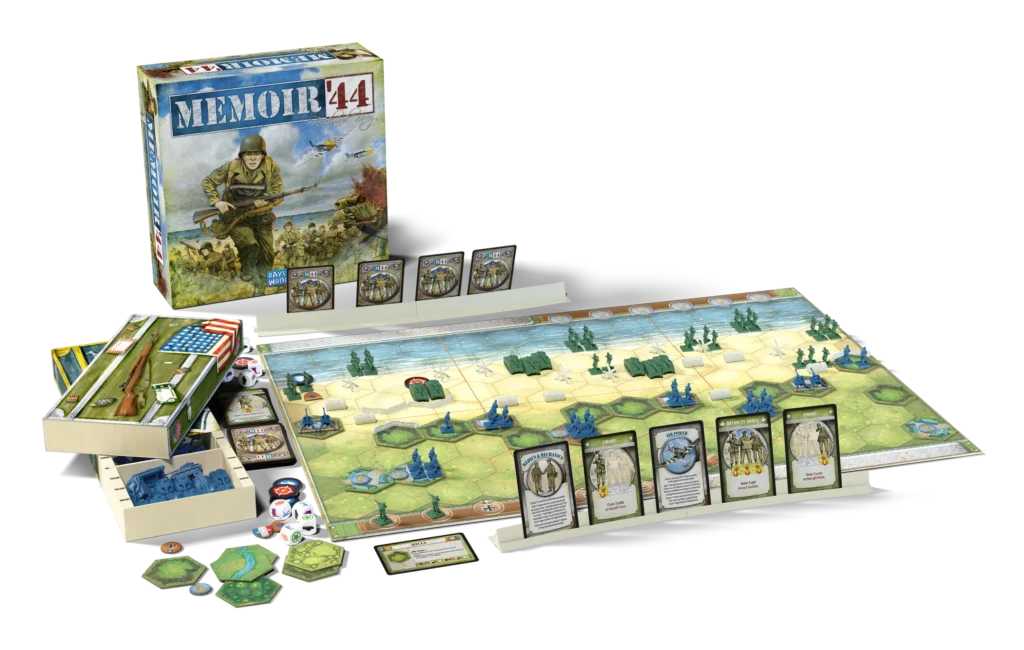 A detailed view of the Memoir '44 game board with soldiers and tank miniatures deployed.