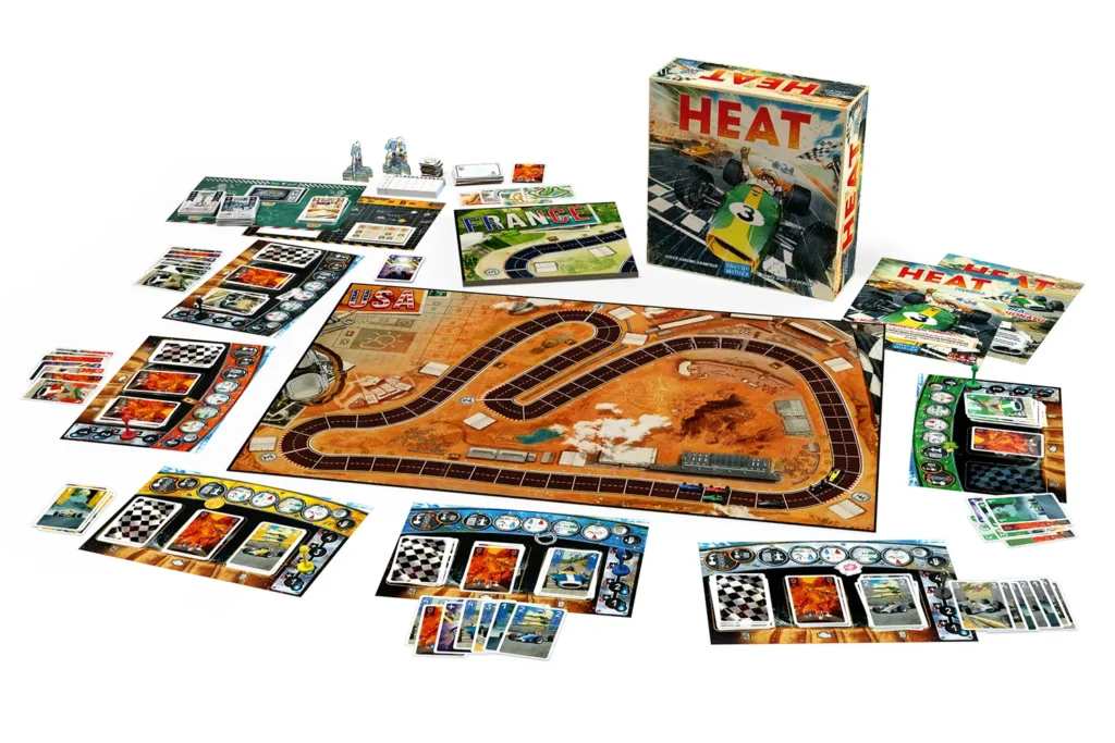Player cards and the game board showing Formula-style cars on a race track.