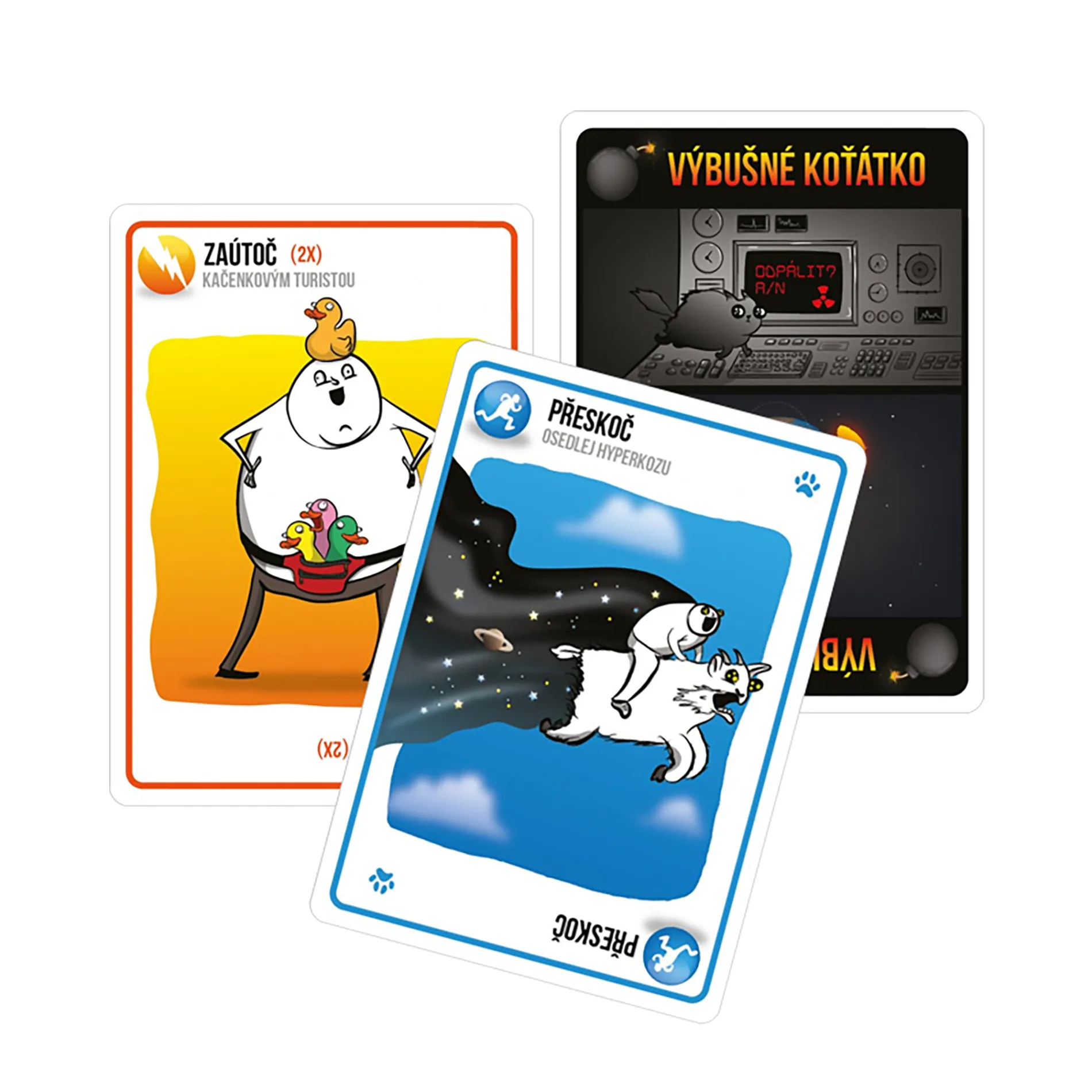 Illustration of cards from Exploding Kittens