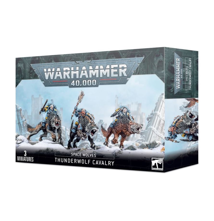Detail jezdce Space Wolves a mohutného thunderwolfa s fenrisianskými ozdobami