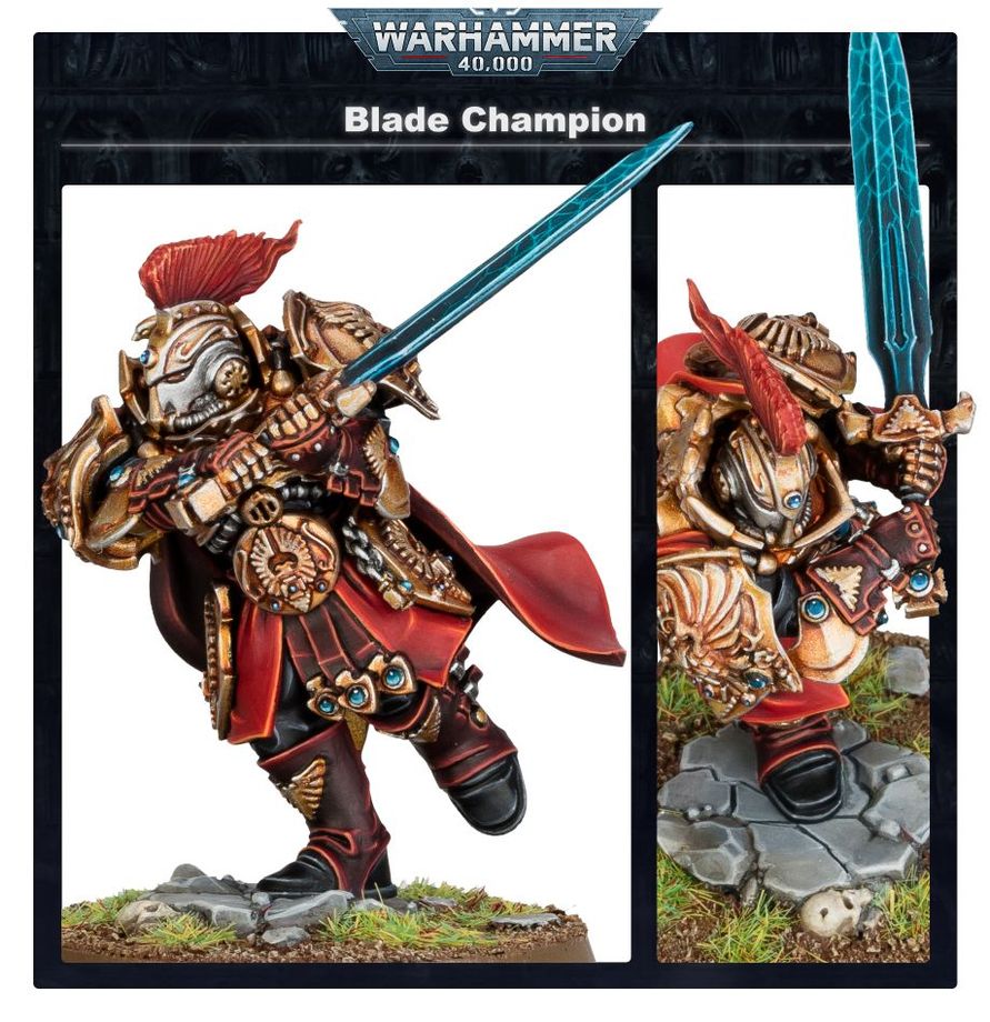 Detail zlaté zbroje a čepelí modelu Adeptus Custodes Blade Champion