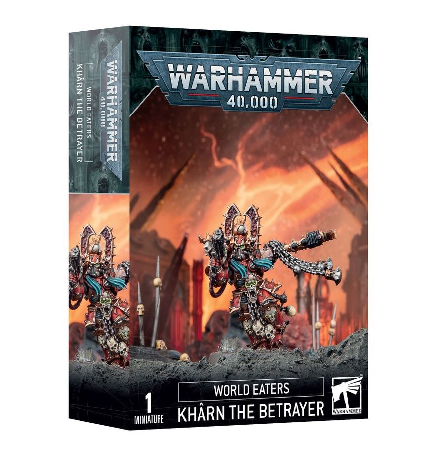Close-up of Khârn the Betrayer’s red armour, metallic trim, and weapons