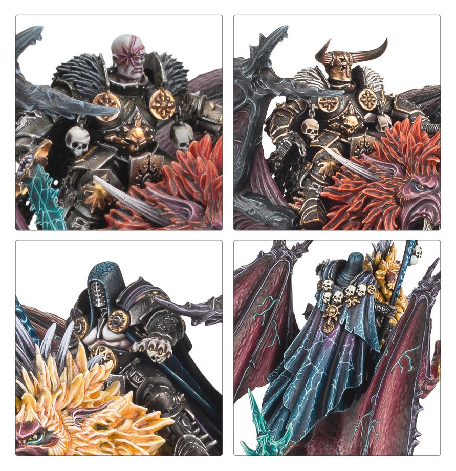 Obrněný Chaos Lord sedící na mohutné mantikoře