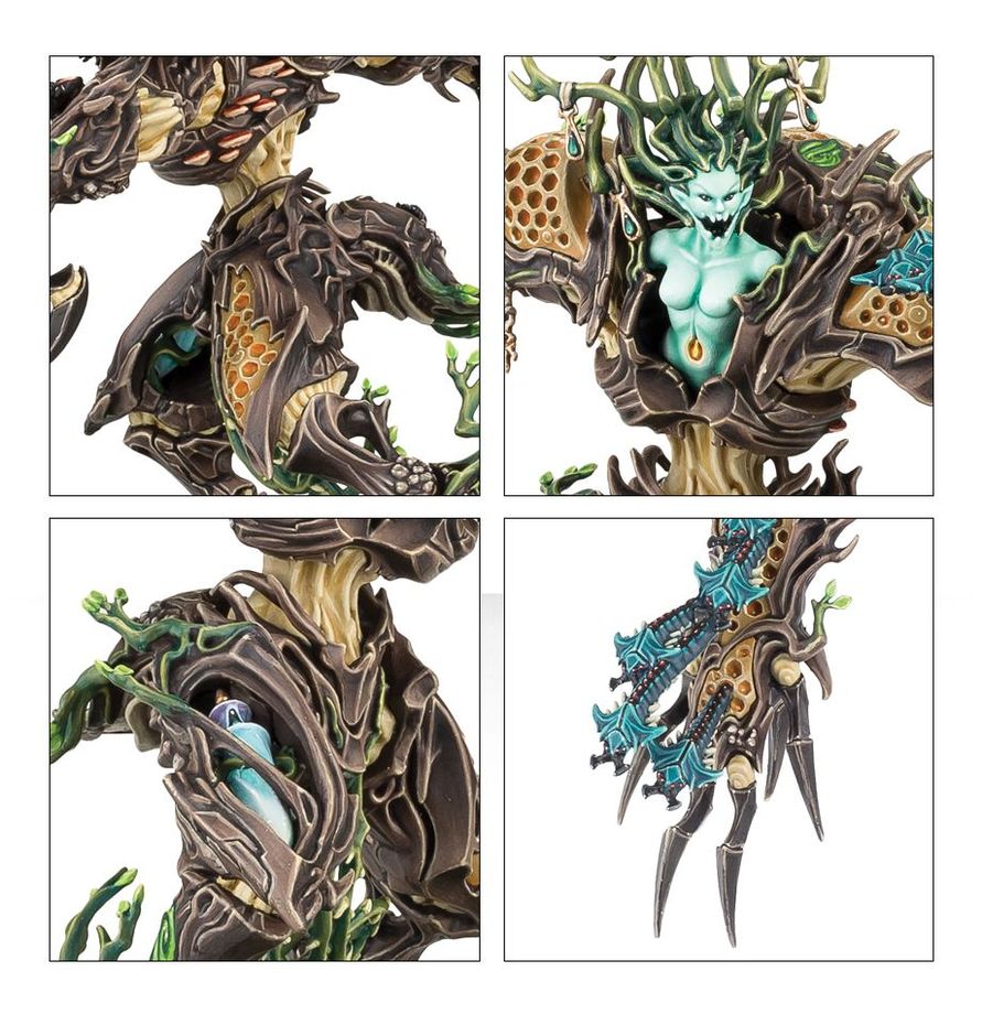 Rear view detailing the intricate gnarled branch work along Drycha's spine