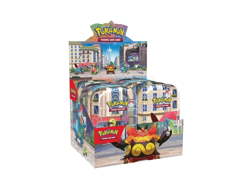 Illustrative display of collectible Pokémon TCG tins