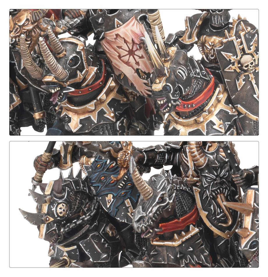 Close-up of the sculpted shields featuring various icons of the Chaos gods.