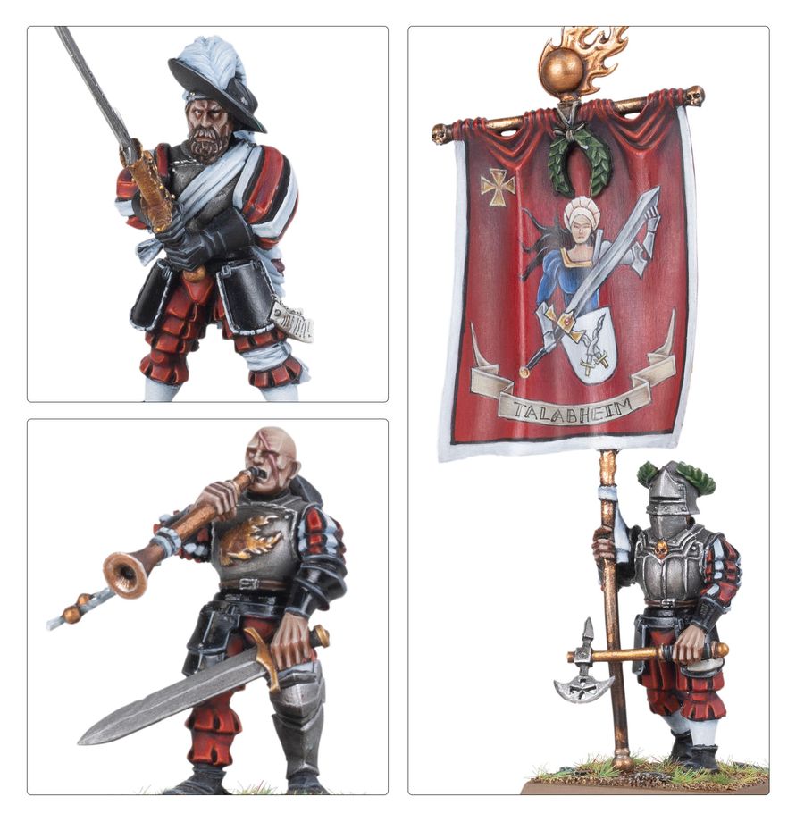 Zadní strana balení Empire Greatswords ukazující různé barevné varianty uniforem