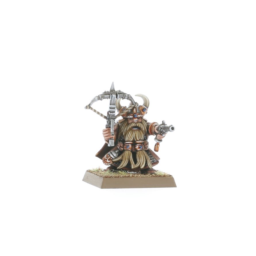 A regiment of Dwarf Quarrellers arrayed for battle with crossbows raised