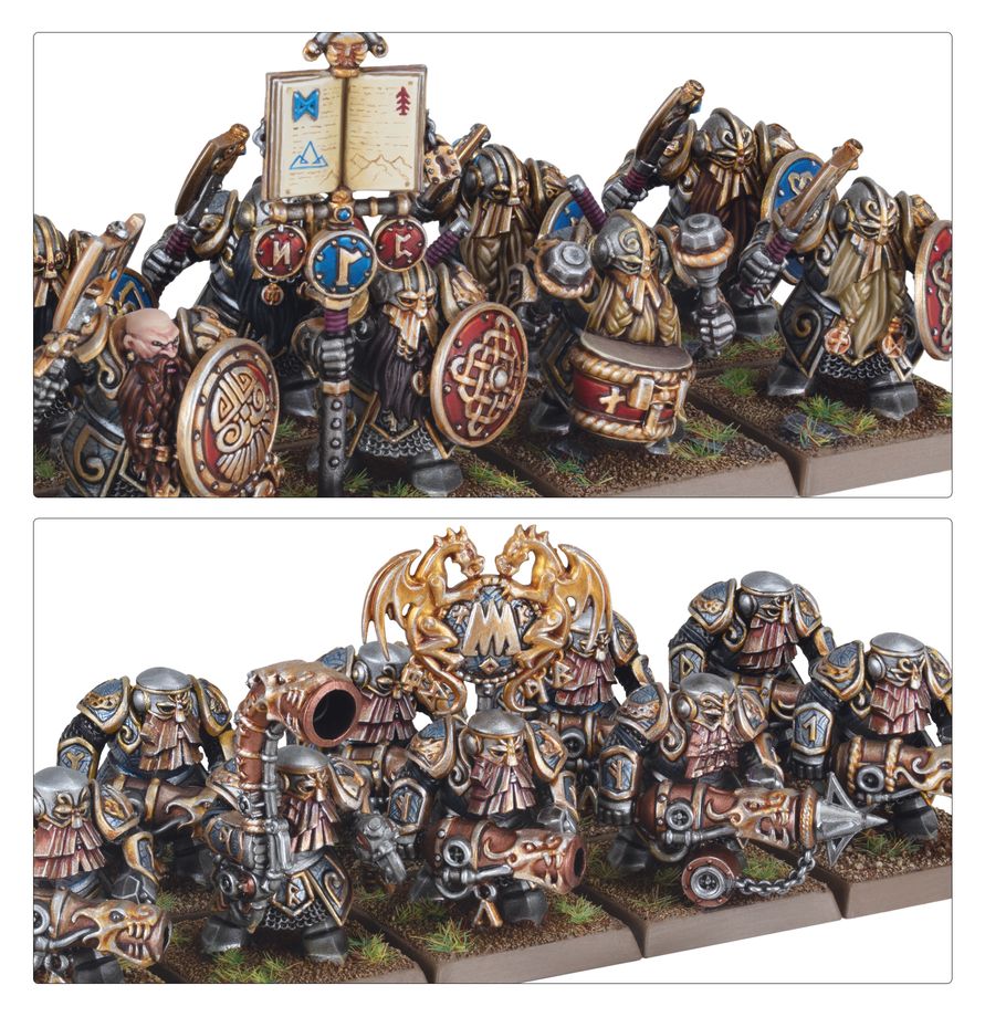 A dense rank of Dwarf Ironbreaker miniatures forming a shield wall